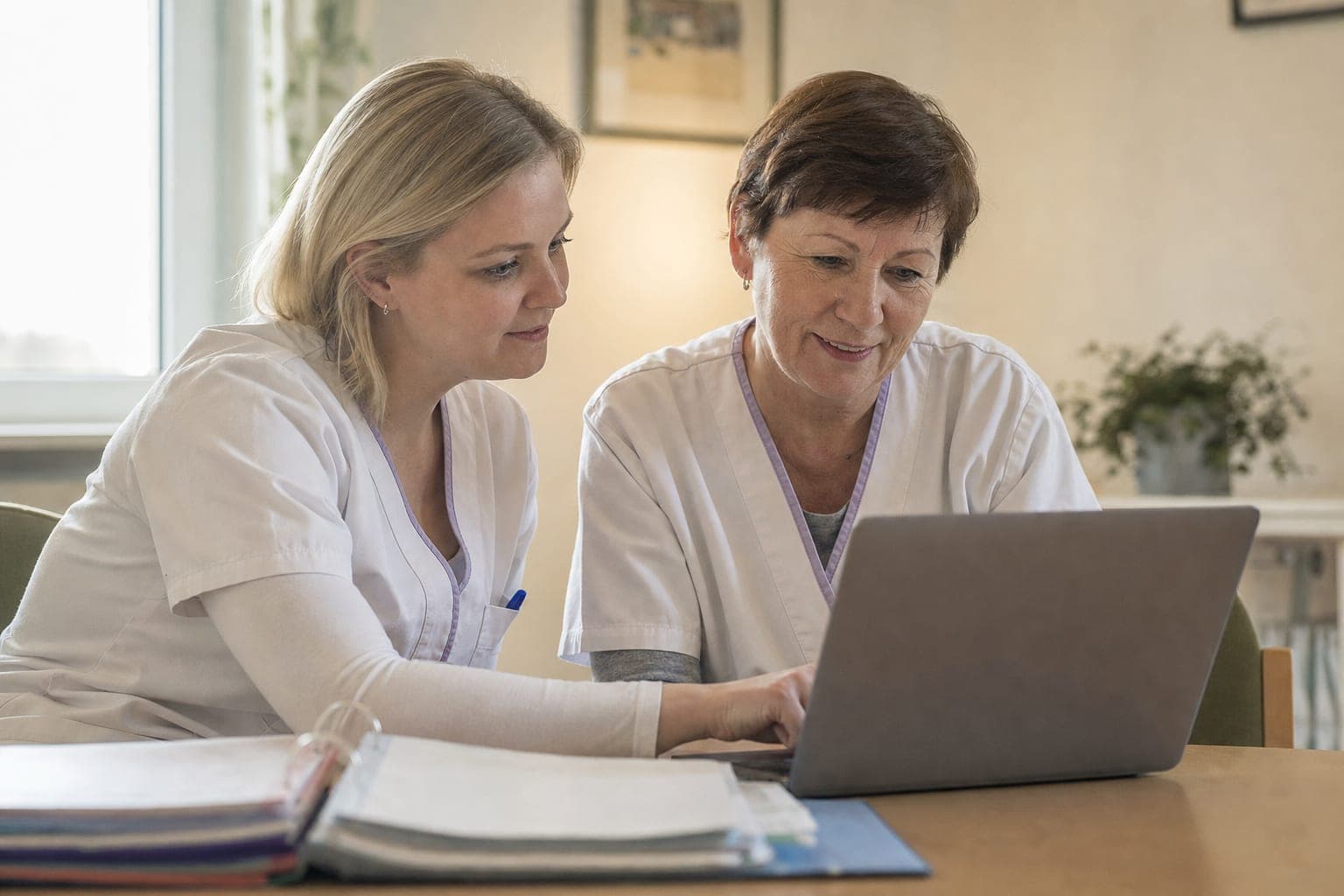 Zwei Personen im Büro besprechen am Laptop die offene Stelle