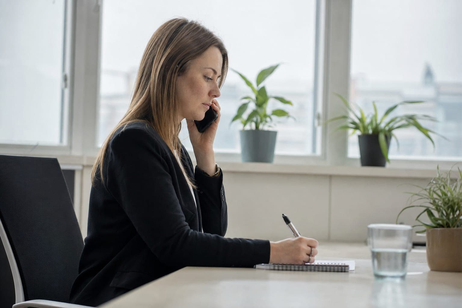 Recruiterin im Telefonat mit Notizblock am Schreibtisch